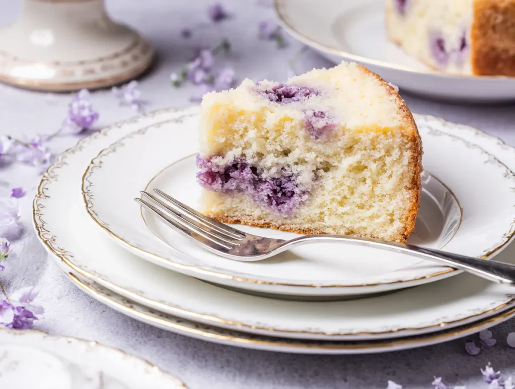 Lavender and champagne wedding cake slice