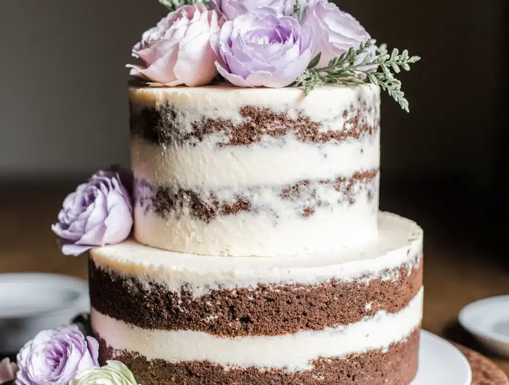 Three-tier wedding cake with classic wedding cake flavors
